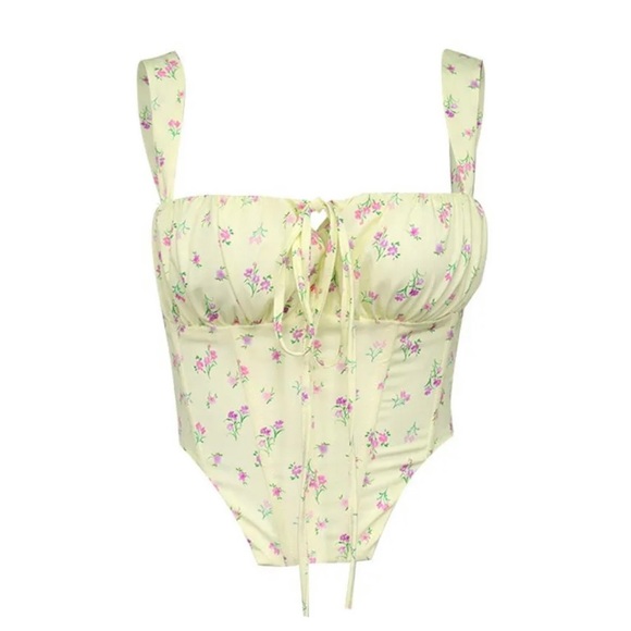 3/$20 YESSTYLE Floral Print Strap Bustier Top yellow with flowers - L - Picture 2 of 4